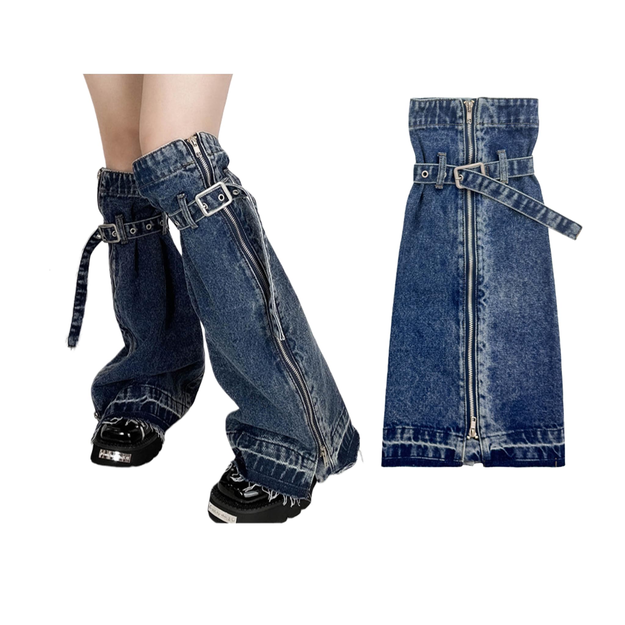 1 Pair Women Y2K Denim Leg Warmers - Punk Cotton with Zipper Adjustable Strap Boot Toppers for Daily