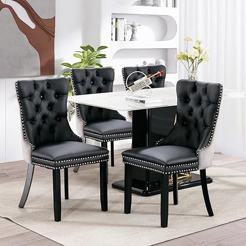 Miniatura 2 de SoarFlash Juego de 4 sillas de comedor de cuero, sillas laterales con respaldo alto, silla lateral tapizada moderna con anillo trasero de botón,