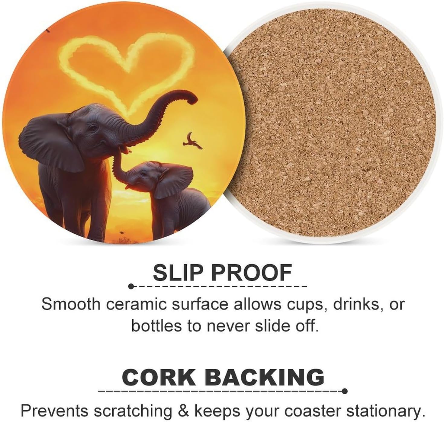 Elephants Mama Love Funny Round Ceramic Coasters for Drink Absorbent Cup Holders Tabletop Protection