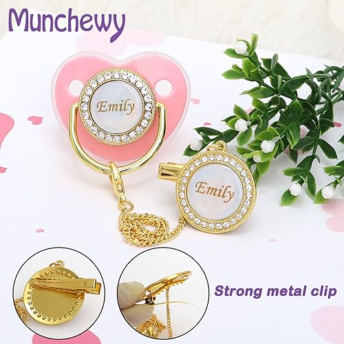 Miniatura 3 de Chupete personalizado con nombre, juego de clip para chupete dorado brillante con caja de regalo, tarjeta de felicitación, muñeco de lujo de cristal