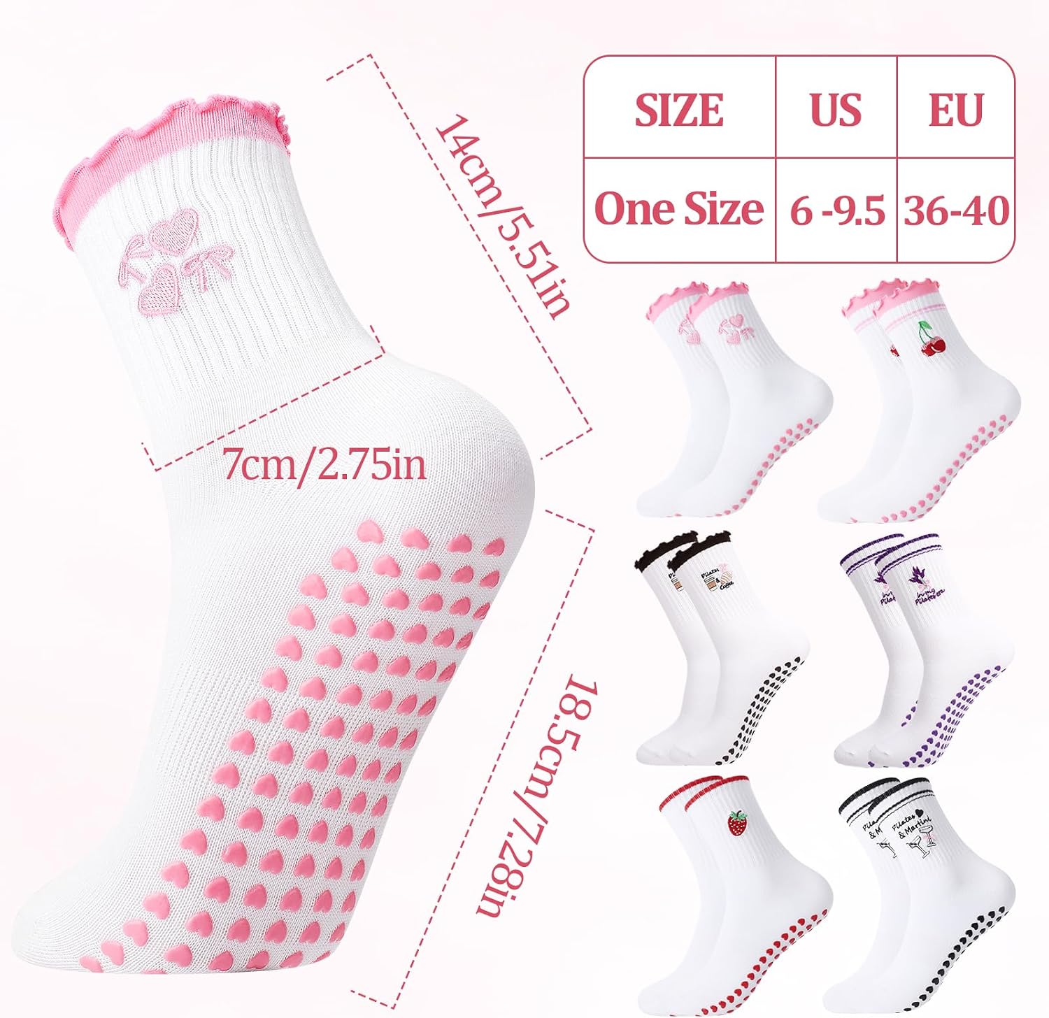 6 Pairs Pilates Socks for Women, Cute Embroideried Non-Slip Grip Crew Socks Yoga Sock for Barre Barefoot