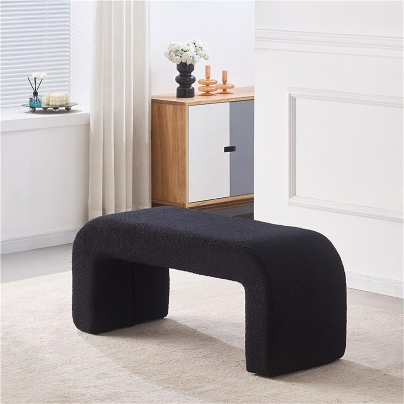 KLGFBDC Modern Minimalist Faux Shearling Shoe Bench - Stylish Upholstered Ottoman Footrest for Entryway Living Room Hallway & Makeup Room (80x40x43cm Black)