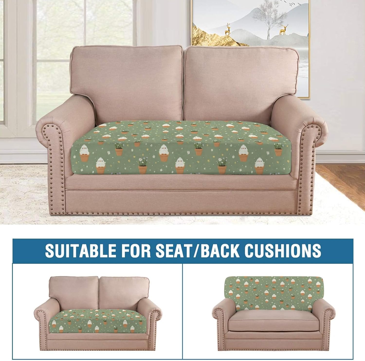 Garden Chick Motif Green Loveseat Covers Couch Covers for 2 Cushion Couch, 2-Piece Stretch Sofa Slipcovers Anti-Slip Washable Furniture Protectors for Dogs Pets