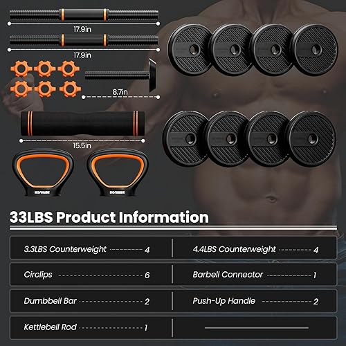 Miniatura 6 de Hofurme Juego de mancuernas de peso ajustable de 33 libras, equipo de gimnasio en casa 4 en 1 con mancuernas, pesas, pesas rusas, modos de flexión,