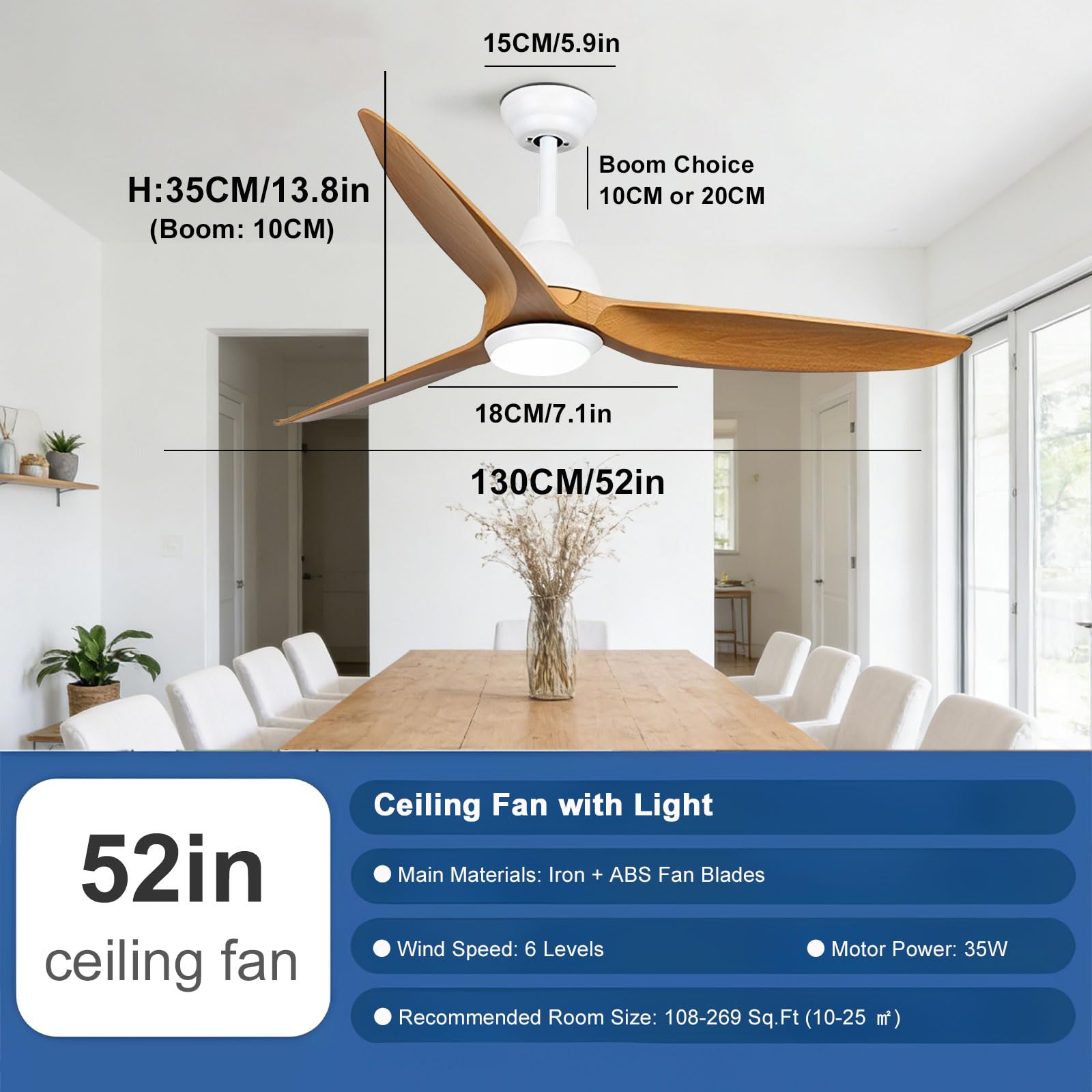 Ventilador de Techo Inteligente con luz, Control Remoto/aplicación/Voz, 6 velocidades, silencioso, luz LED Regulable, 3 aspas de ABS, diseño Moderno para Dormitorio, Comedor y Sala