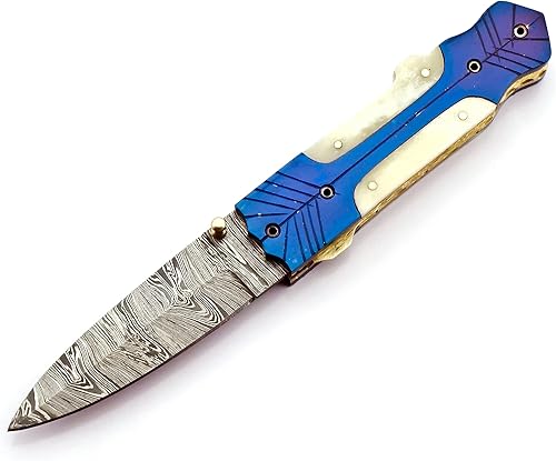 Miniatura 2 de Skokie Knives - Cuchillo de bolsillo plegable de acero de Damasco personalizado con mango de 8.0 pulgadas, color azul con hueso de camello, hoja