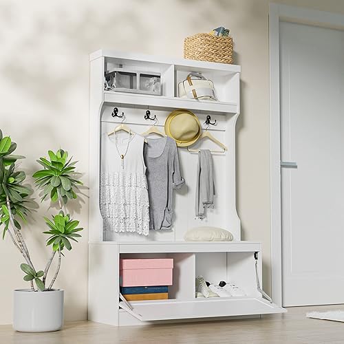 Miniatura 6 de Cozy Castle Árbol de pasillo blanco 3 en 1 de 64 pulgadas con banco, almacenamiento de zapatos, perchero, 4 ganchos, para entrada, vestíbulo