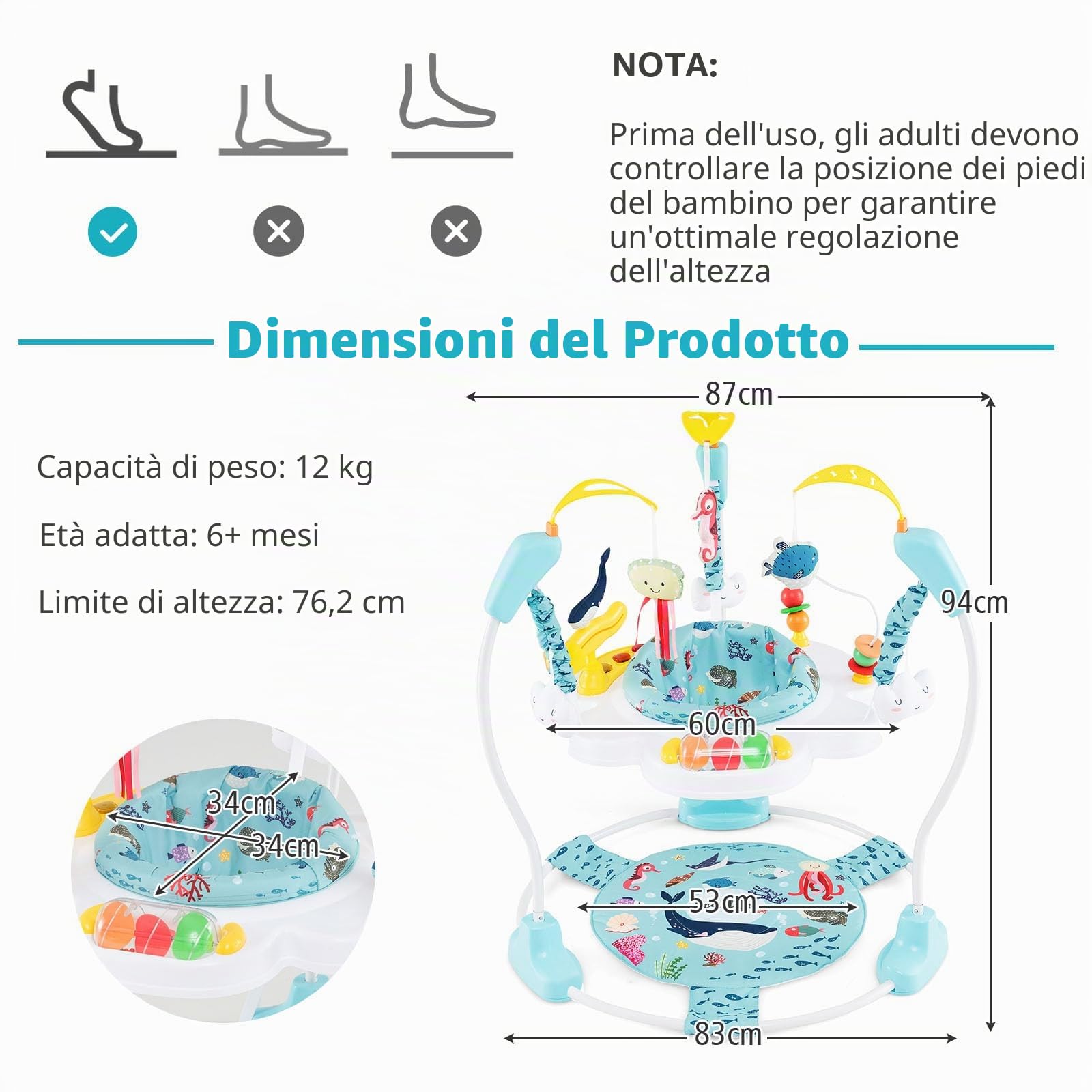 LIFEZEAL Girello per Bambini 6-18 Mesi, con Sedile Girevole a 360°, 9 Giochi Montessori, Luci e Melodie, Girello Neonato, con Altezza Regolabile, Centri di attività Fissi, Jumperoo per Bimbi (Blu)