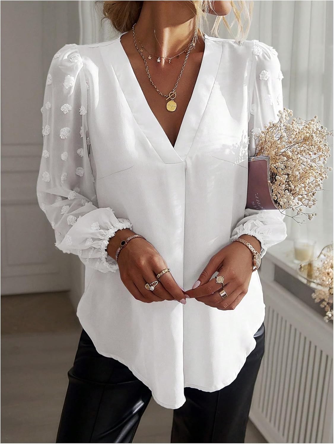 GORGLITTER Women's Swiss Dots Blouses Dressy Trendy Casual Long Sleeve V Neck Work Business Office Shirt - Image 3