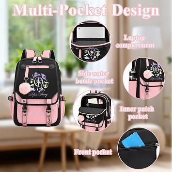 Kpop Pink Black Backpack for School, Large K pop Rucksack with USB and Audio Cable, Lightweight Casual School Bag for Vacation Travel, Kpop Backpack for Girls Boys Fans