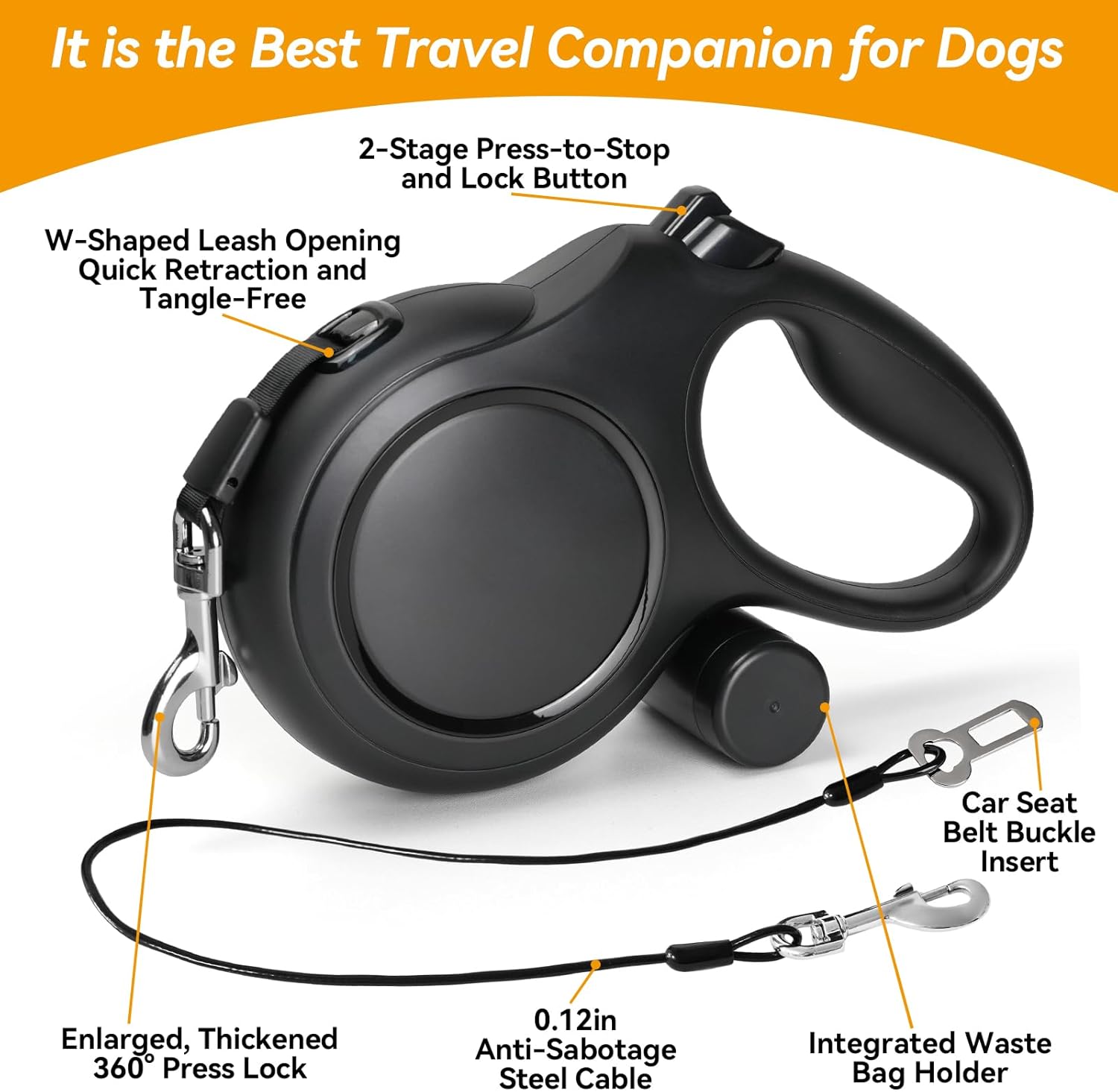 Upgraded Retractable Dog Leash with Chew Proof Cable, 26ft Heavy Duty Dog Leash for Large Dogs up to 110lbs, No-Tangle, Non-Slip Handle, One-Handed Brake, with Poop Bag Holder (Black, L 26Ft)