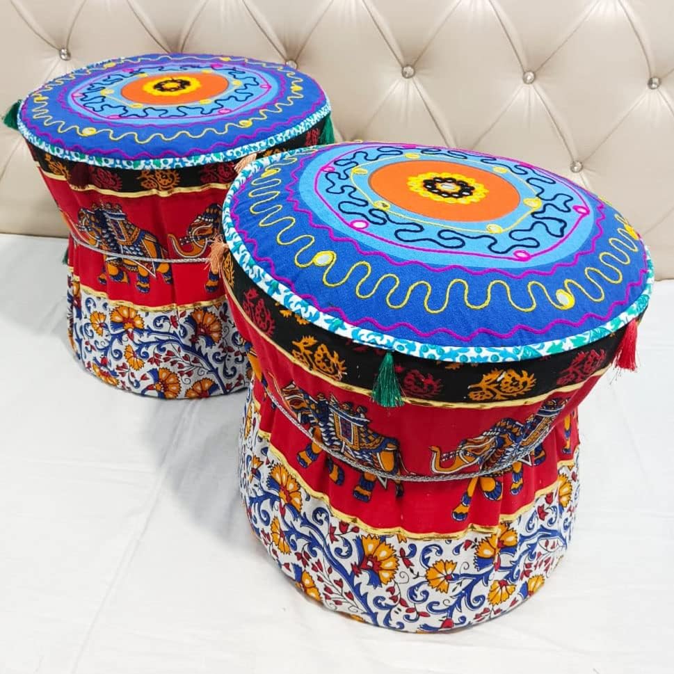 jagdmba handicrafts Muda Cover Mandala Set of Two Footstool Bamboo Cover Multi Colour Mudda Ottoman Pouffe Cover Set of 4 Pieces Size 17x18 Inche (Cover Only) 1
