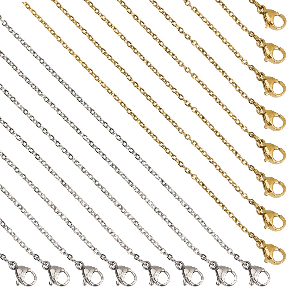 SUNNYCLUE 1 Box 20Pcs 17.7 Inch/45CM Blank Necklace Chains Stainless Steel Cable Chain Gold Silver Metal Necklaces Linking with Lobster Claw Clasps for Jewellery Making DIY Crafting Women Accessories