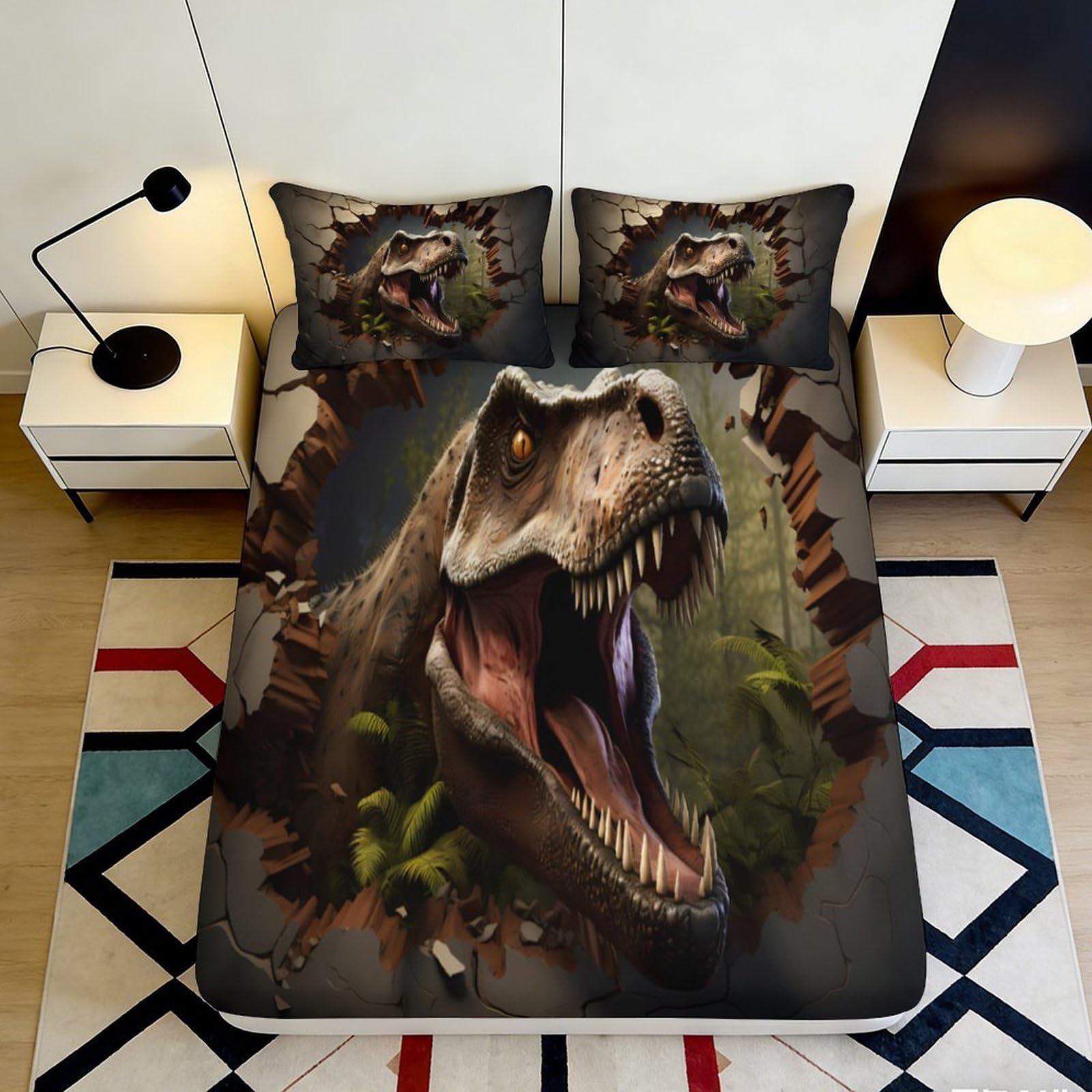Pnayamiorkfel Style-9 3D Printed Dinosaur T-Rex Fitted Sheet Microfiber Slip-Resistant Bed Cover For Bedroom Guest Room Easy Wash Decor 90X200x25cm