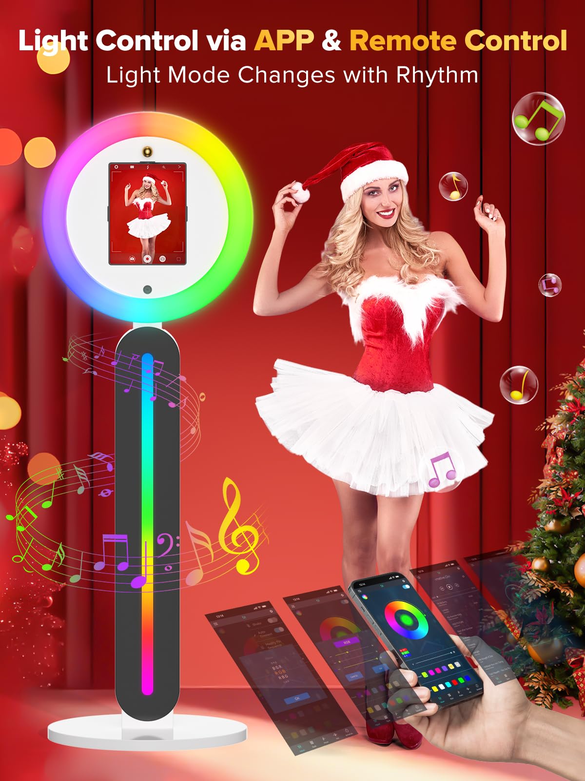 Máquina portátil de fotomatón con anillo de luz RGB de 22 pulgadas, estación de selfie portátil para fiestas y bodas, se adapta a modelos de iPad de 10.2/10.5/10.9/11/12.9/13 pulgadas (Pro/Air/Mini