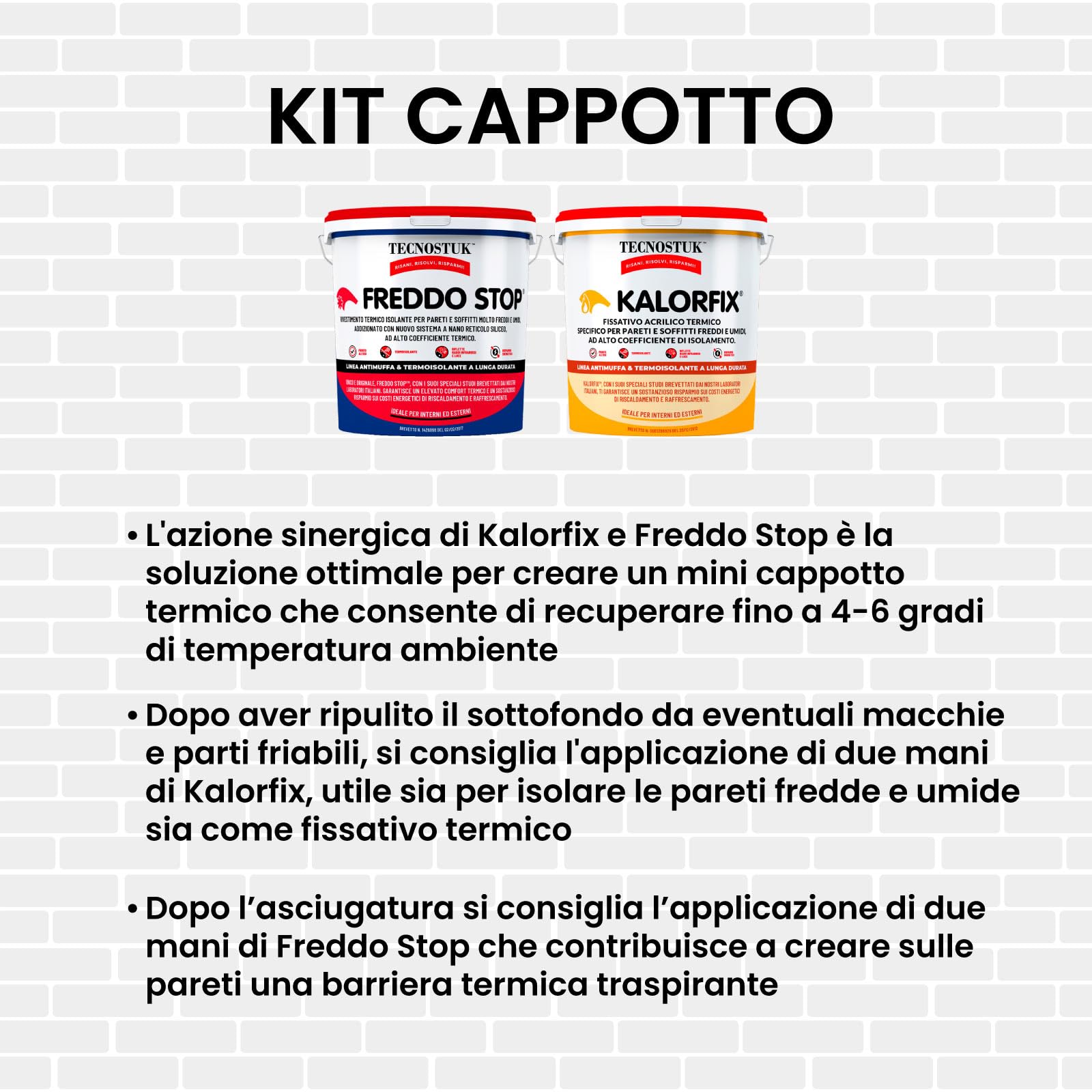 Eurocali Tecnostuk Freddo Stop Rivestimento Termico Traspirante Interni ed Esterni Termoisolante per Muri Freddi Umidi 2,5L + Kalorfix Fissativo Isolante Termico 1L - Made in Italy