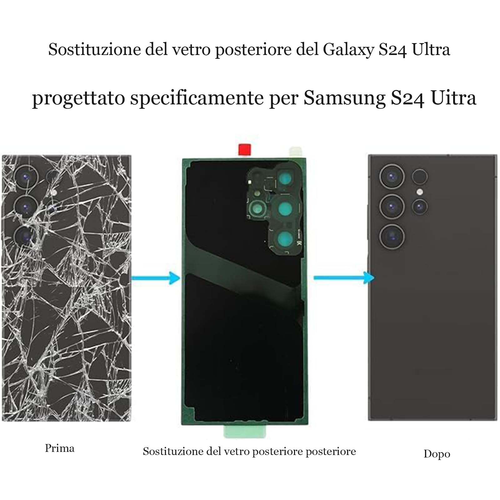 Sostituzione del Vetro Posteriore Galaxy S24 Ultra Compatibile con Samsung Galaxy S24 Ultra con Obiettivo della Fotocamera Preinstallato + Adesivo + Kit di Strumenti di Riparazione (Grigio scuro)