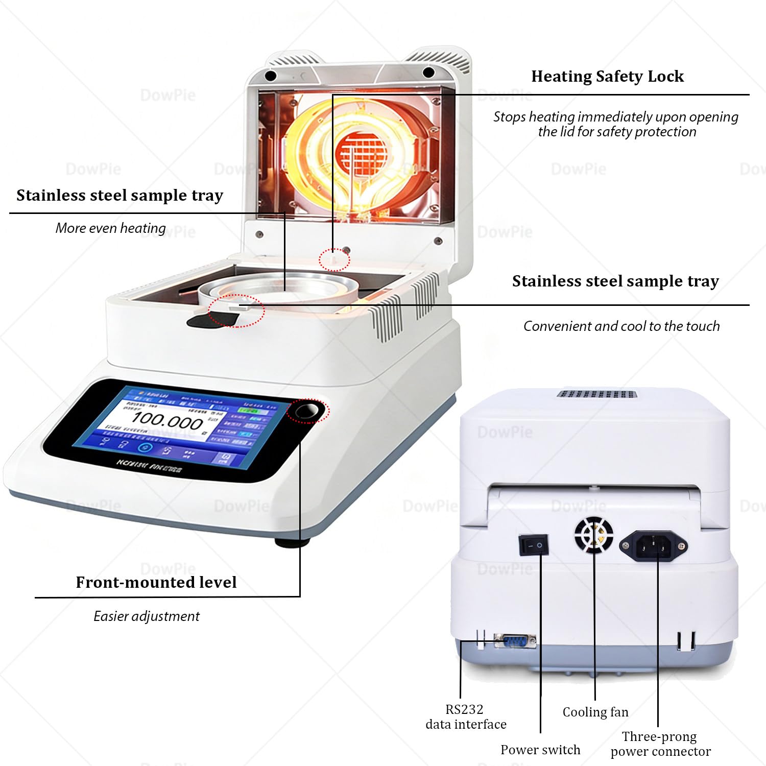 Analizador de Humedad halógeno, balanza de Humedad de 120 g, legibilidad del 0,01%, Ventilador de refrigeración con Bloqueo de Seguridad para Pruebas de Laboratorio de plásticos. 220V-1202