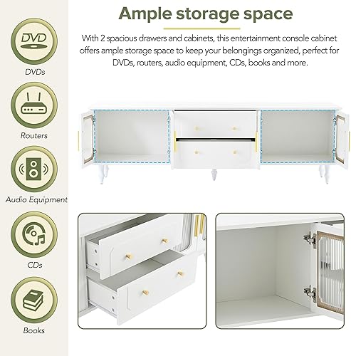 Miniatura 104 de Merax Soporte de TV de diseño retro con puertas de vidrio estriado y 2 cajones y armarios para televisores de hasta 78 pulgadas, práctica consola
