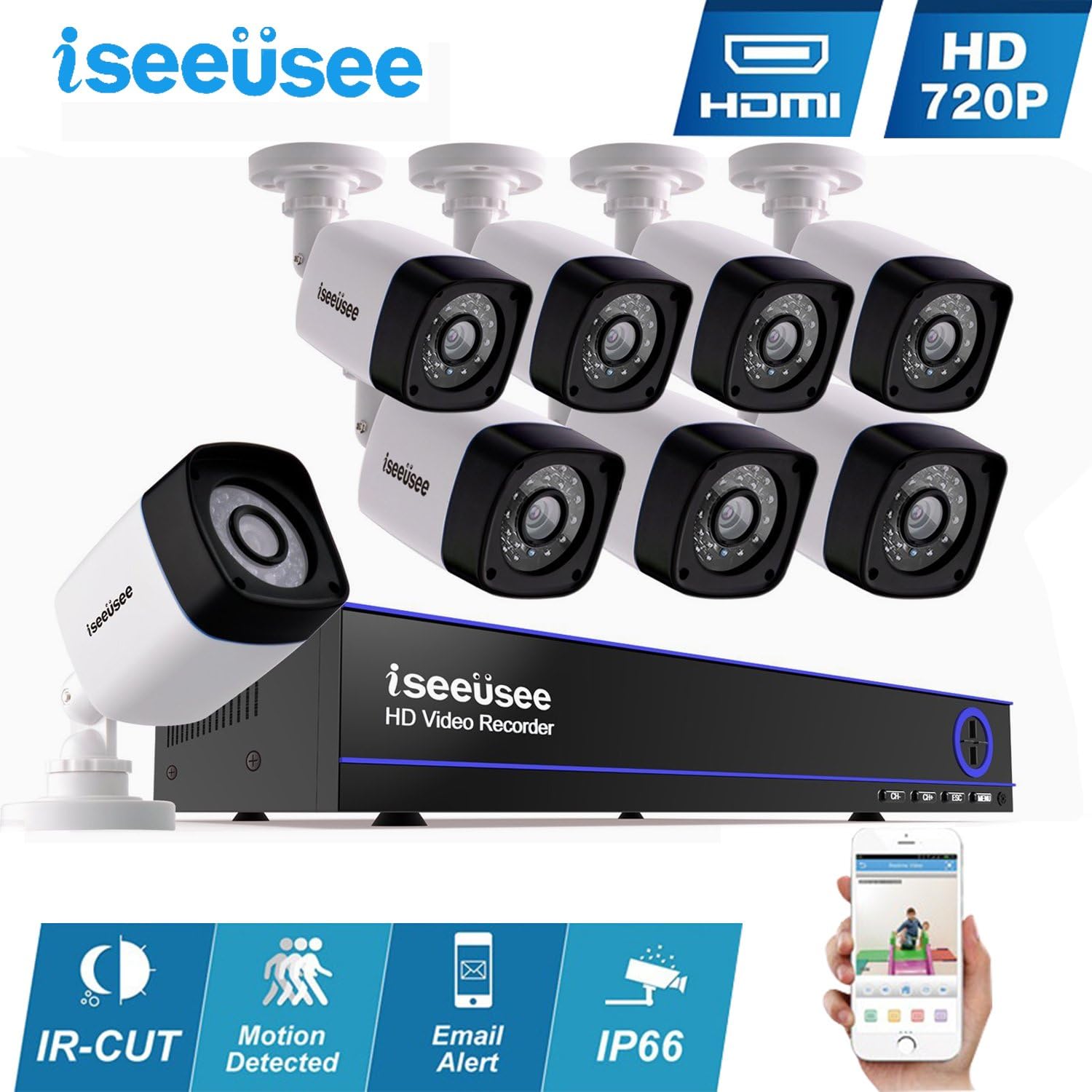 8CH HDMI DVR 1500TVL Outdoor Indoor Day Night IR-Cut CCTV Surveillance Home Office Video Security Camera System,Motion Detection Free APP Remote Viewing Push Alerts-NO Hard Drive