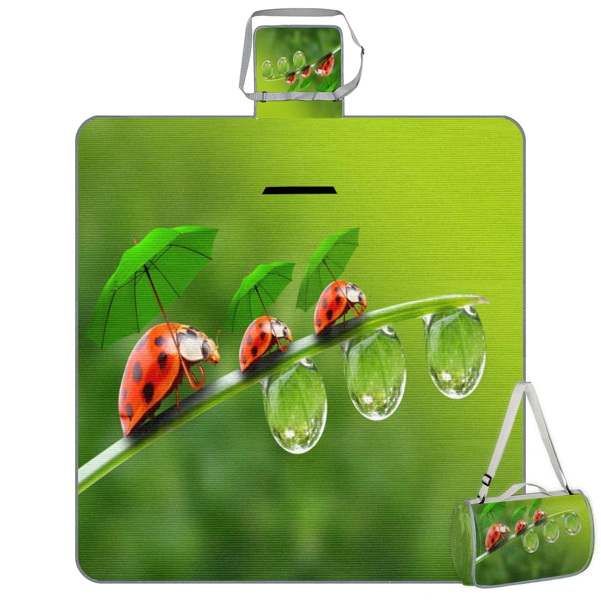 Shimoshe Picnic Blankets 57”x 59”, Umbrella Raindrop Ladybug Waterproof Sandproof Picnic Mat Lightweight Foldable Beach Blanket for Camping Park Grass Beach Outdoor Blanket