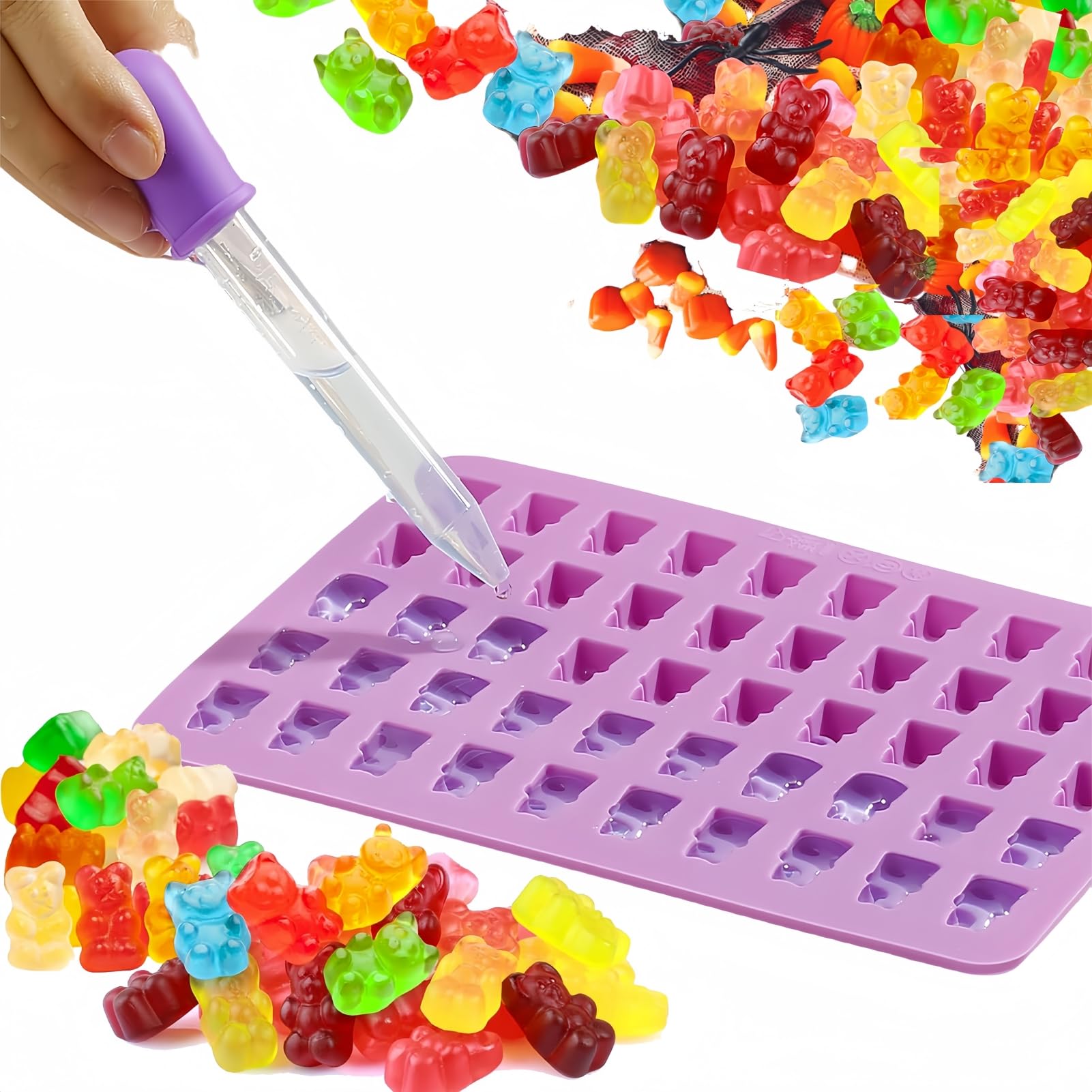Zestaw silikonowych foremek do cukierków – 219 mini zagłębień z 2 kroplomierzem – gumowaty niedźwiedź, owoce, dinozaur, formy w kształcie serca, elastyczne formy klasy spożywczej do żelków, czekolady