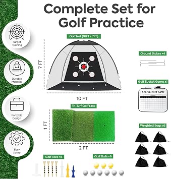 SAUS - Golf Net with Practice Mat,10x7FT for Backyard Driving Chipping Training Swing with Target Mat Balls for Outdoor Indoor, Gift for Men, Women, Golf Lovers