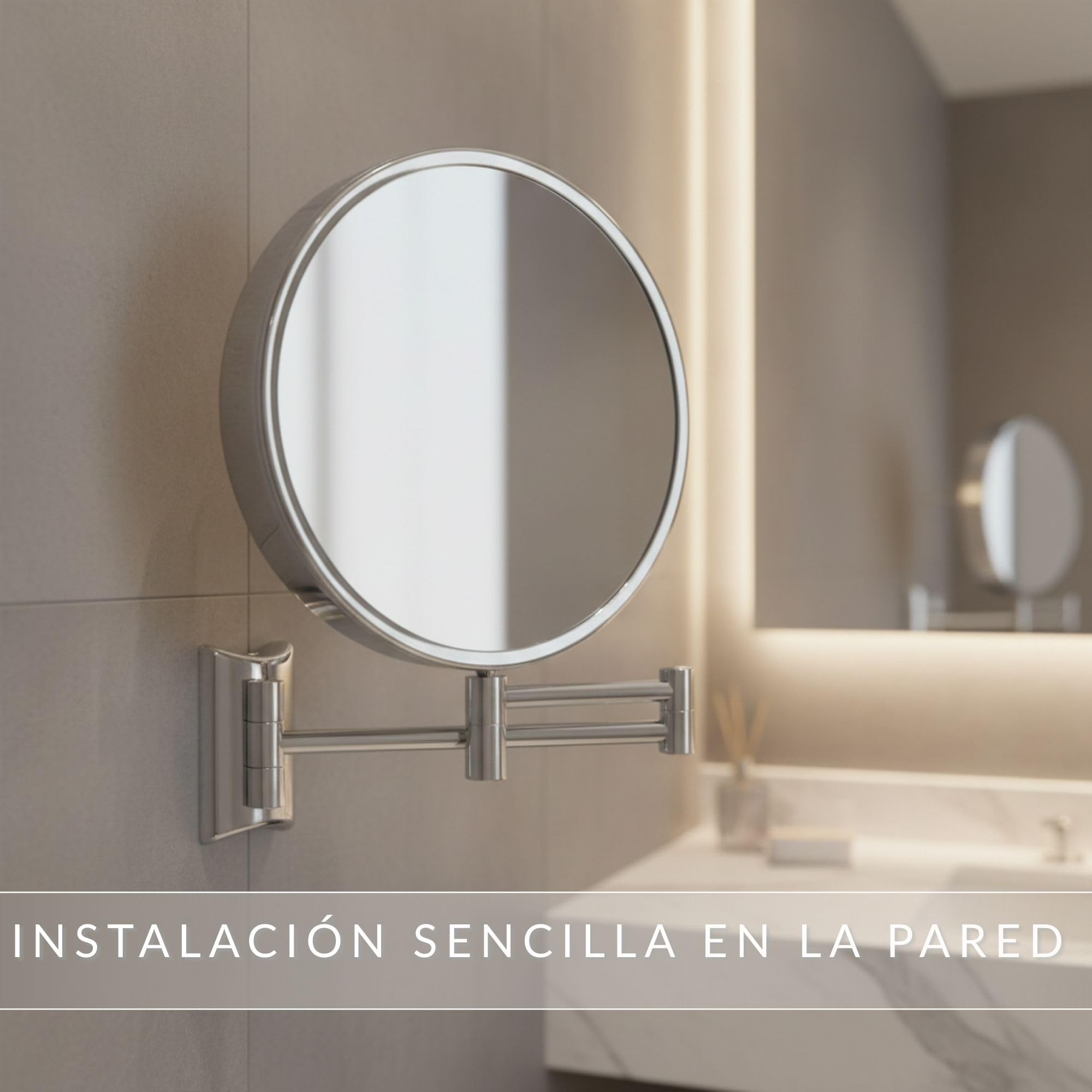 Imola Espejo de Aumento de Pared – Espejo de Maquillaje Giratorio 360° – Espejo Doble Cara para Afeitar con Aumento 3X y 7X – Brazo Extensible de Metal Cromado, Ø 19 cm