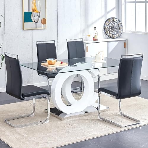 Miniatura 19 de Juego de mesa de comedor de 63 pulgadas para 6, juego de mesa de comedor de cristal moderno para 6, mesa de vidrio templado con 6 sillas ergonómicas