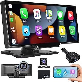 9.3 Inch Portable Car Stereo Wireless Apple CarPlay Android Auto Built-in Front Camera, Wireless CarPlay Screen Player + Backup Camera, Car Charger, 64G SD Card, Dash Mount Portable Car Navigator