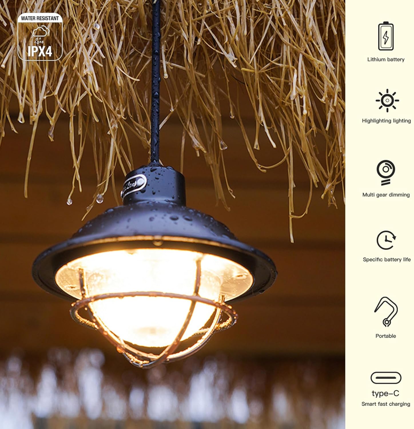 Camping Lamp Retro Style USB Type C Rechargeable Lantern with Dimming Vintage Portable Outdoor LED Camping Lights Lanterns for Power Hanging Tent Light