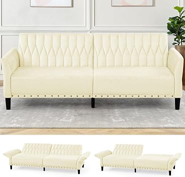 77 Velvet Sofa Bed with Adjustable Armrests and Backrests, Beige | Tufted Convertible Futon Couch with Nailhead Trim, Loveseat Modern Velvet Sleeper Sofa for Living Room,Bedroom,Office