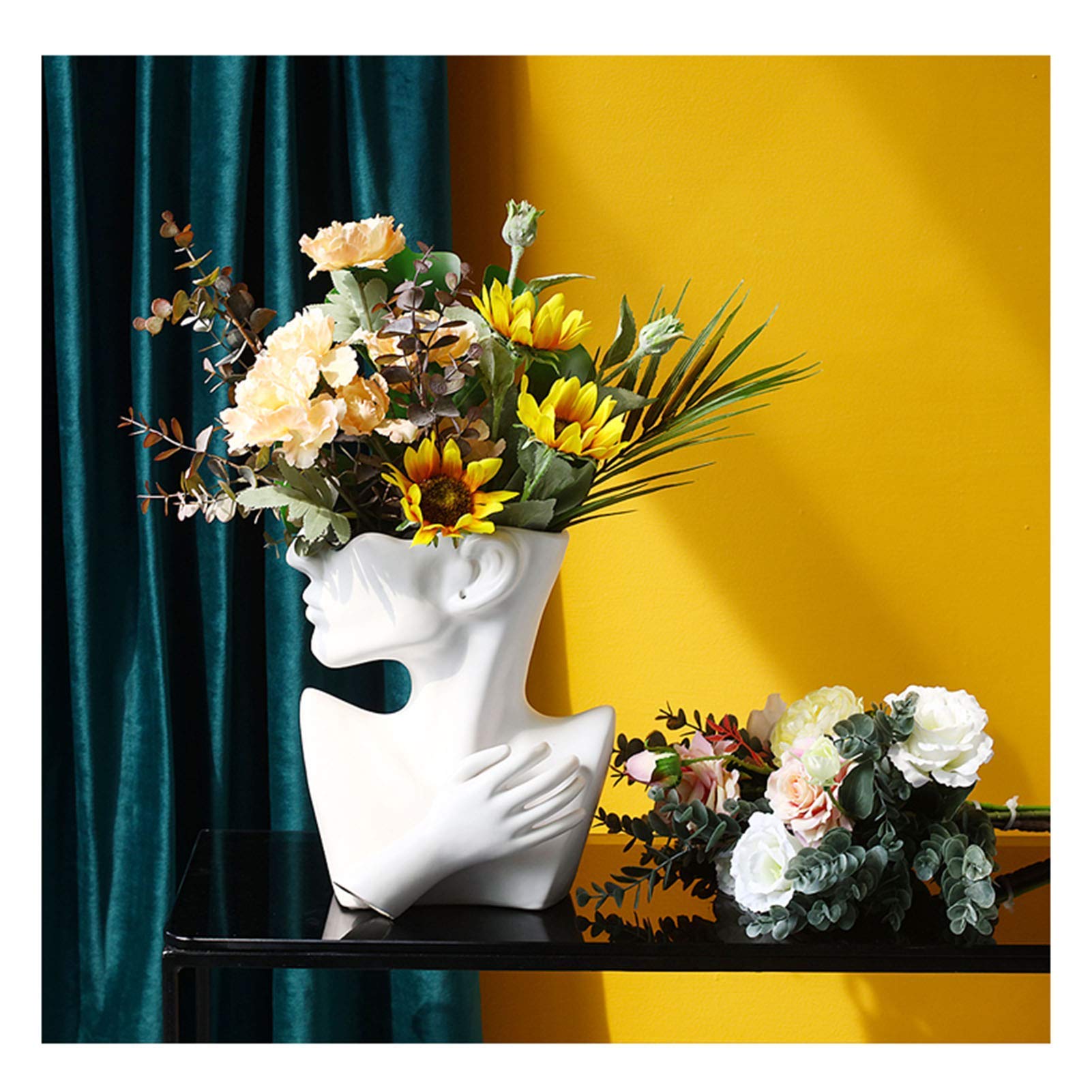Fiori Artificiali con Vaso Fiori di Seta Finti in Vaso di Ceramica con Decorazione di Fiori Volti Umani per La Festa in Ufficio Tavolo di Casa(A)