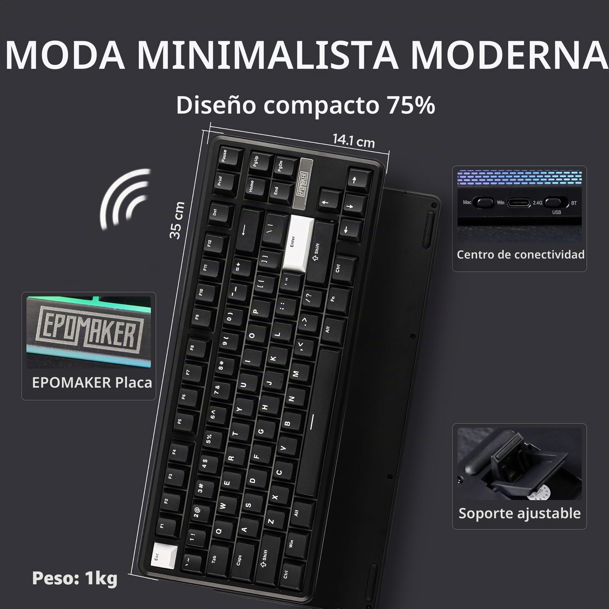 EPOMAKER TH85 Teclado Mecánico Inalámbrico para Juegos con QMK/Via, Intercambiable en Caliente de BT/2,4Ghz/USB, con RGB y Teclas Programables en Disposición US 75% (Negro Blanco, Creamy Jade Switch) | Hot-Swap - Interruptores lineales de jade cremoso pre