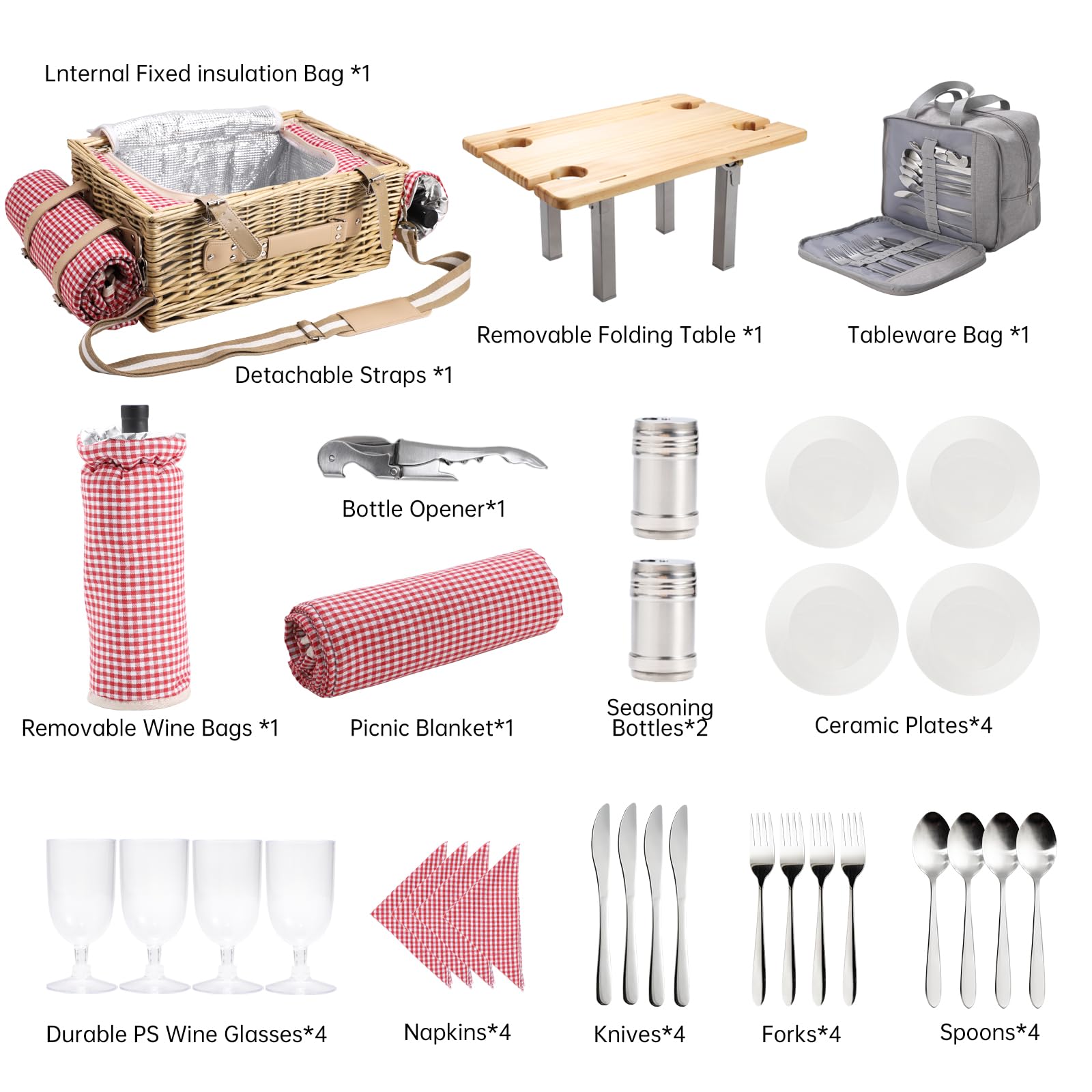 Juego de cesta de picnic de mimbre para 4 personas con mesa desmontable, bolsa de utensilios, forro aislante y manta impermeable, cesta de picnic de sauce para camping, al aire libre, parejas, regalos