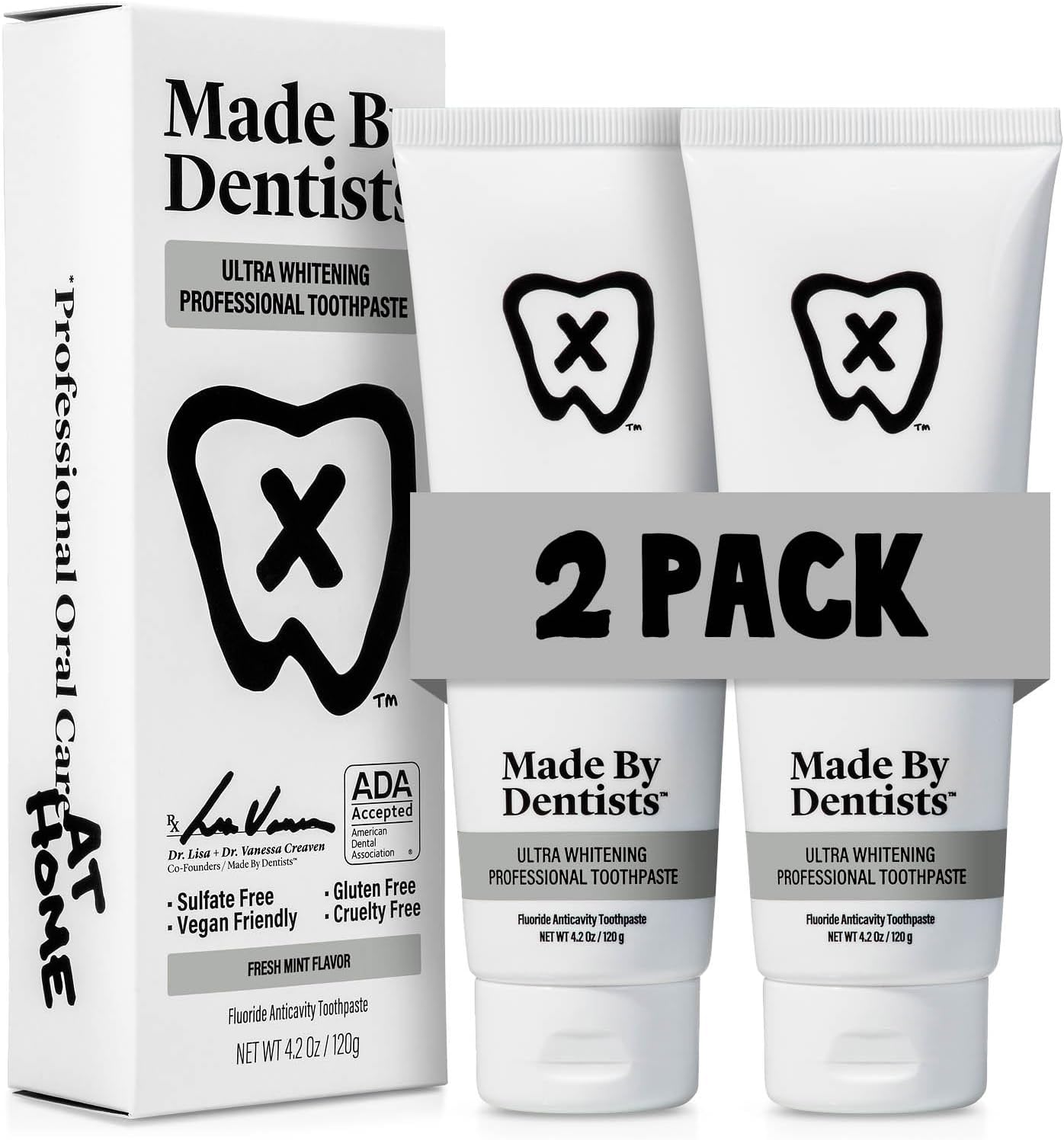 Made by Dentists Professional Ultra Whitening Toothpaste - 2 Pack - Sensitive Teeth Whitening Toothpaste with Sodium Fluoride & Hydrogen Peroxide, ADA Approved, Vegan, 2 x 4.2oz