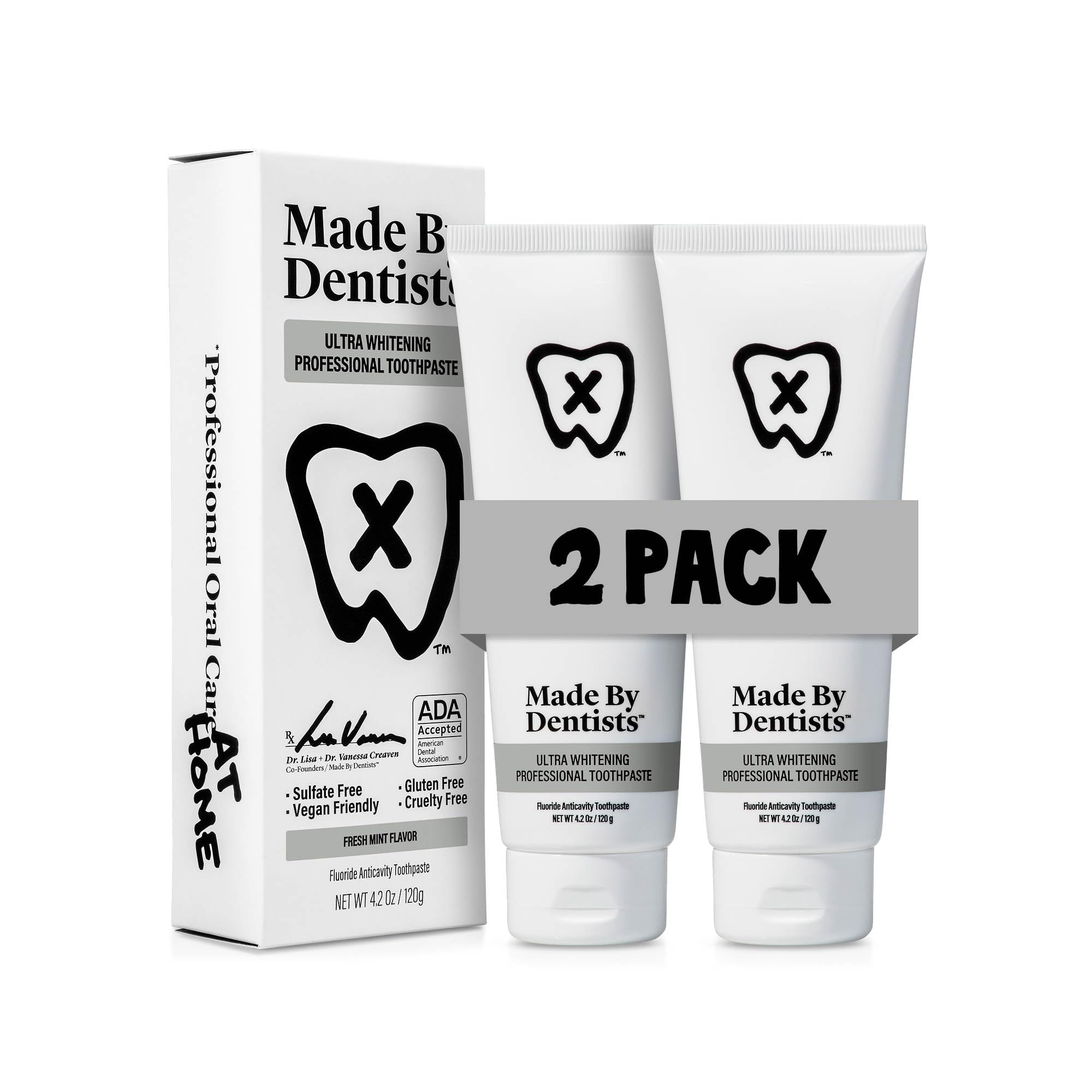 Made by Dentists Professional Ultra Whitening Toothpaste - 2 Pack - Sensitive Teeth Whitening Toothpaste with Sodium Fluoride & Hydrogen Peroxide, ADA Approved, Vegan, 2 x 4.2oz