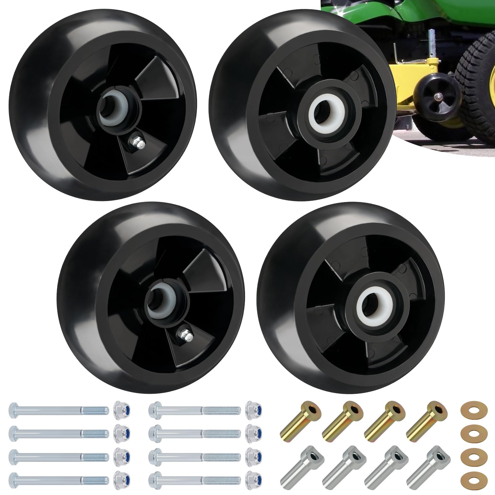 CheeMuii Juego de 4 ruedas de cubierta para cortacésped AM125172, ruedas de calibre de cubierta de cortacésped compatibles con John Deere de 48, 54, 60, 62 y 72 pulgadas, repuesto para cubierta