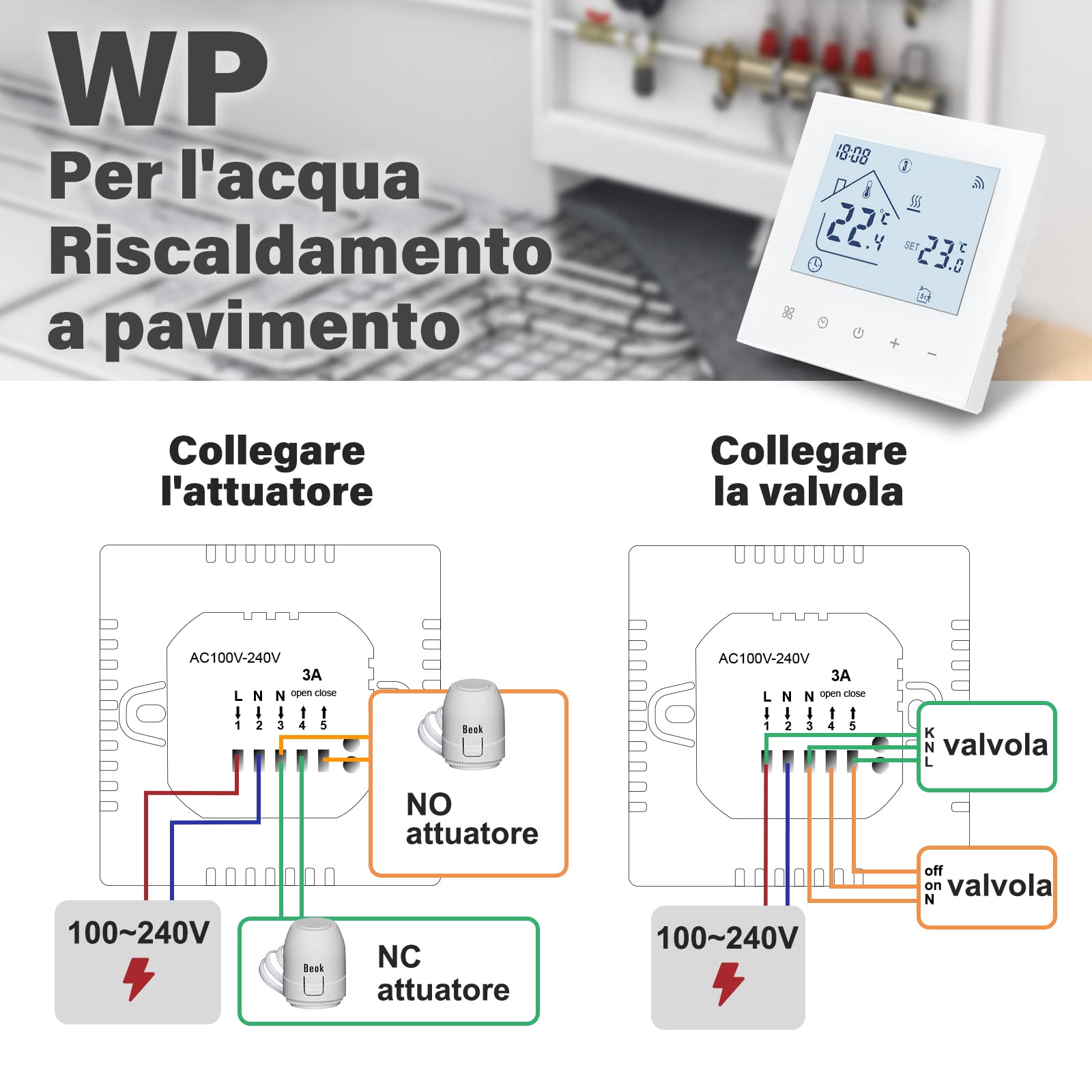 Beok Termostato Wifi Termostati Smart Ambiente per Riscaldamento a Pavimento Dell'acqua Programmabile Regolatore di Temperatura Con LCD, Compatibile Alexa, Google Home 3A TDR89W-WIFI-WP Bianco