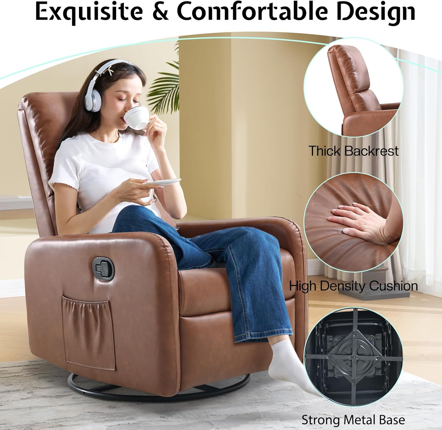 Jocisland Swivel Rocking Chair Nursery Glider Recliner Chairs for Adults, Rocker for Living Room Bedroom, Comfy Upholstered Modern Nursing Reclining Single Sofa, Mix-Brown Leather