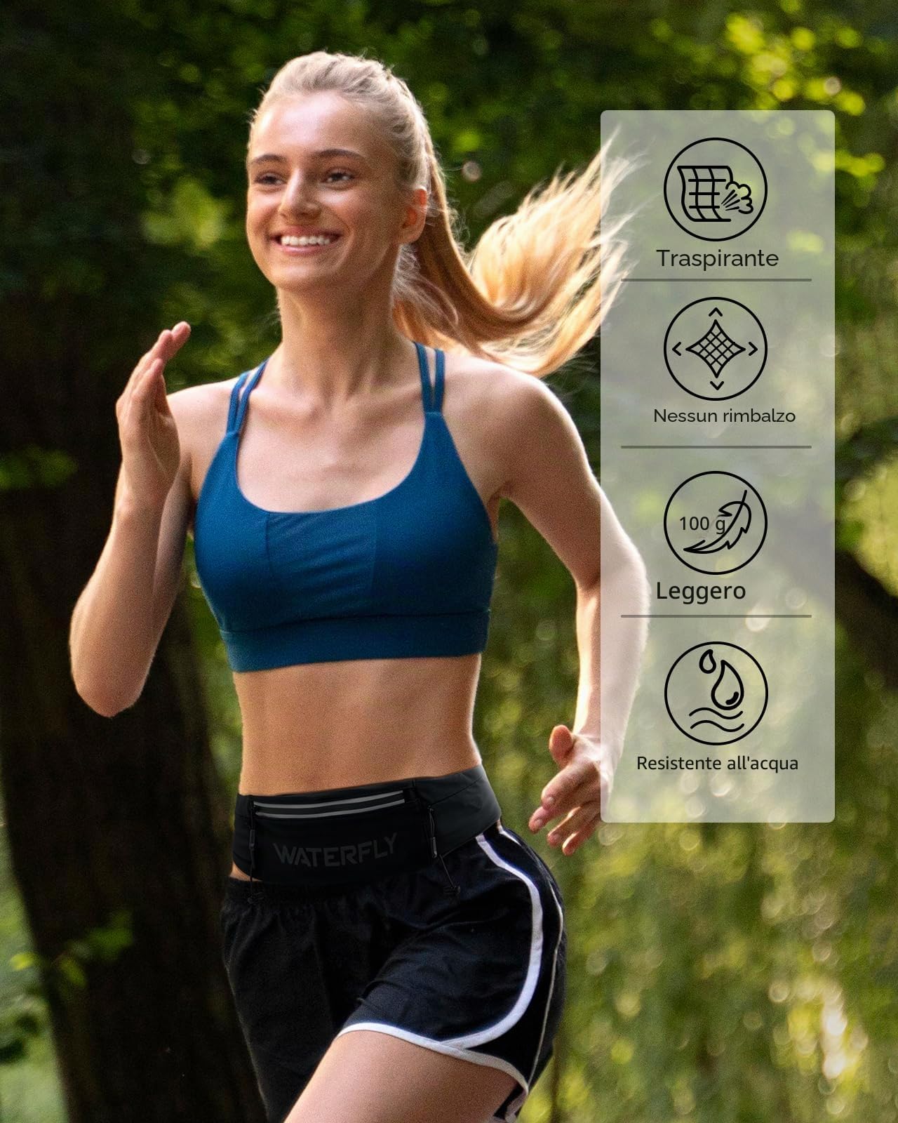 WATERFLY Marsupio Running Cintura da Corsa con Chiusura a clip per Cellulare 3 Tasche Jogging Sportivo