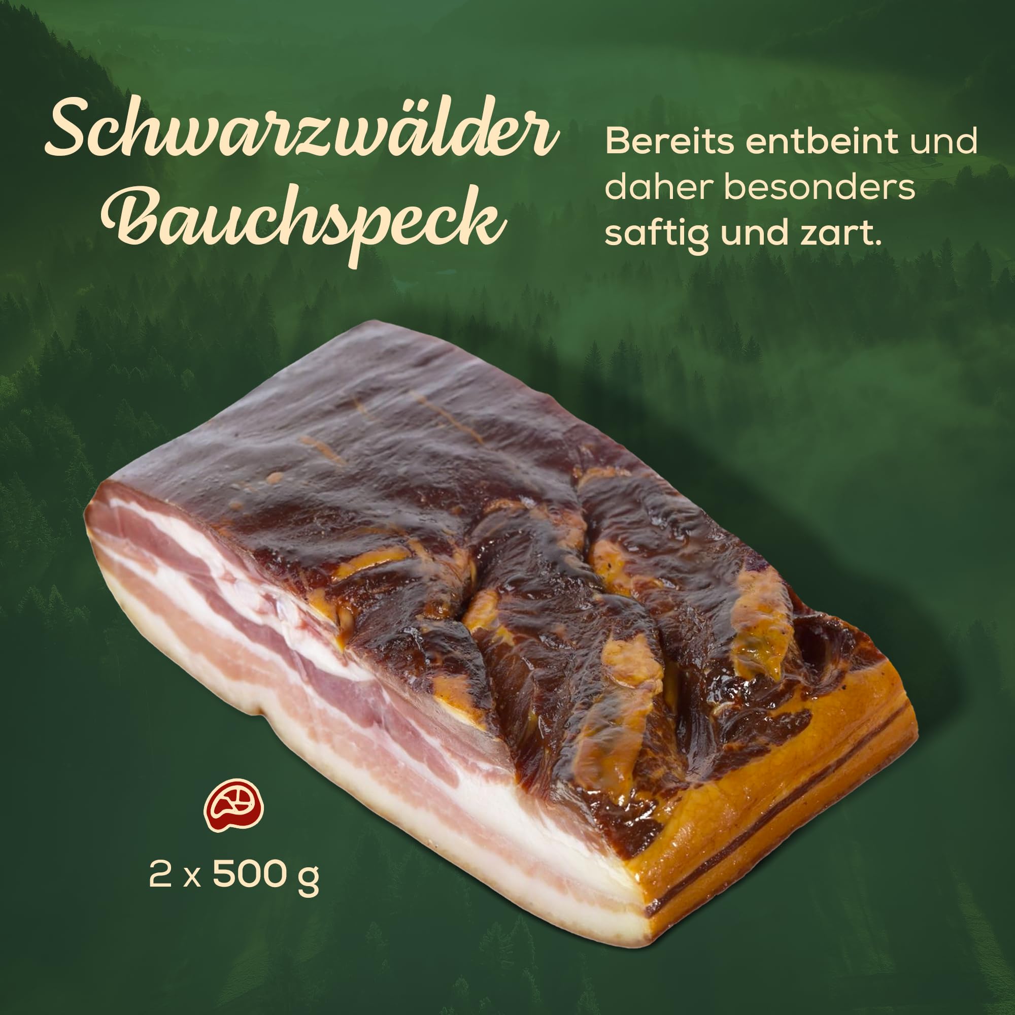 Schwarzwald Metzgerei – Schwarzwälder Bauchspeck am Stück mit herzhaft rauchigem Aroma – 2 x 500g Speck vom Bauch für Salate, Rührei, grüne Bohnen, Carbonara u.v.m.