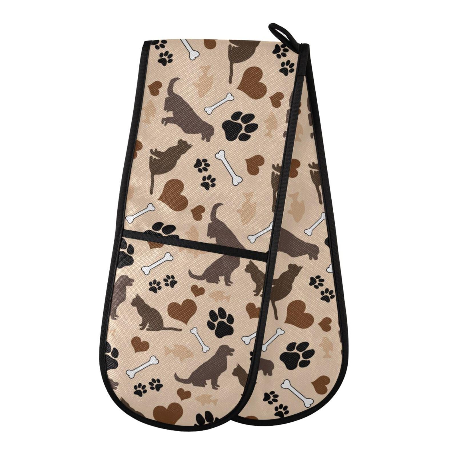Double Oven Gloves Heat Resistant Dog Cat Paw Print Double Oven Mitts Pot Holder Heat Protection Oven Gloves for Home Kitchen Baking Cooking BBQ Microwave