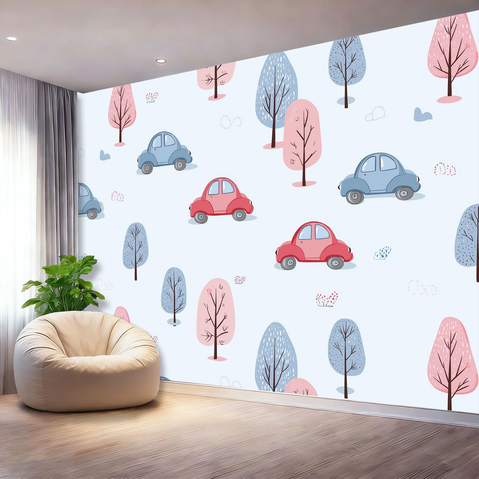 Fototapeta nowoczesna akwarela samochody drzewo tapeta malowidła ścienne jasnoniebieski plakat fotograficzny do sypialni salonu TV ściana 400 x 280 cm