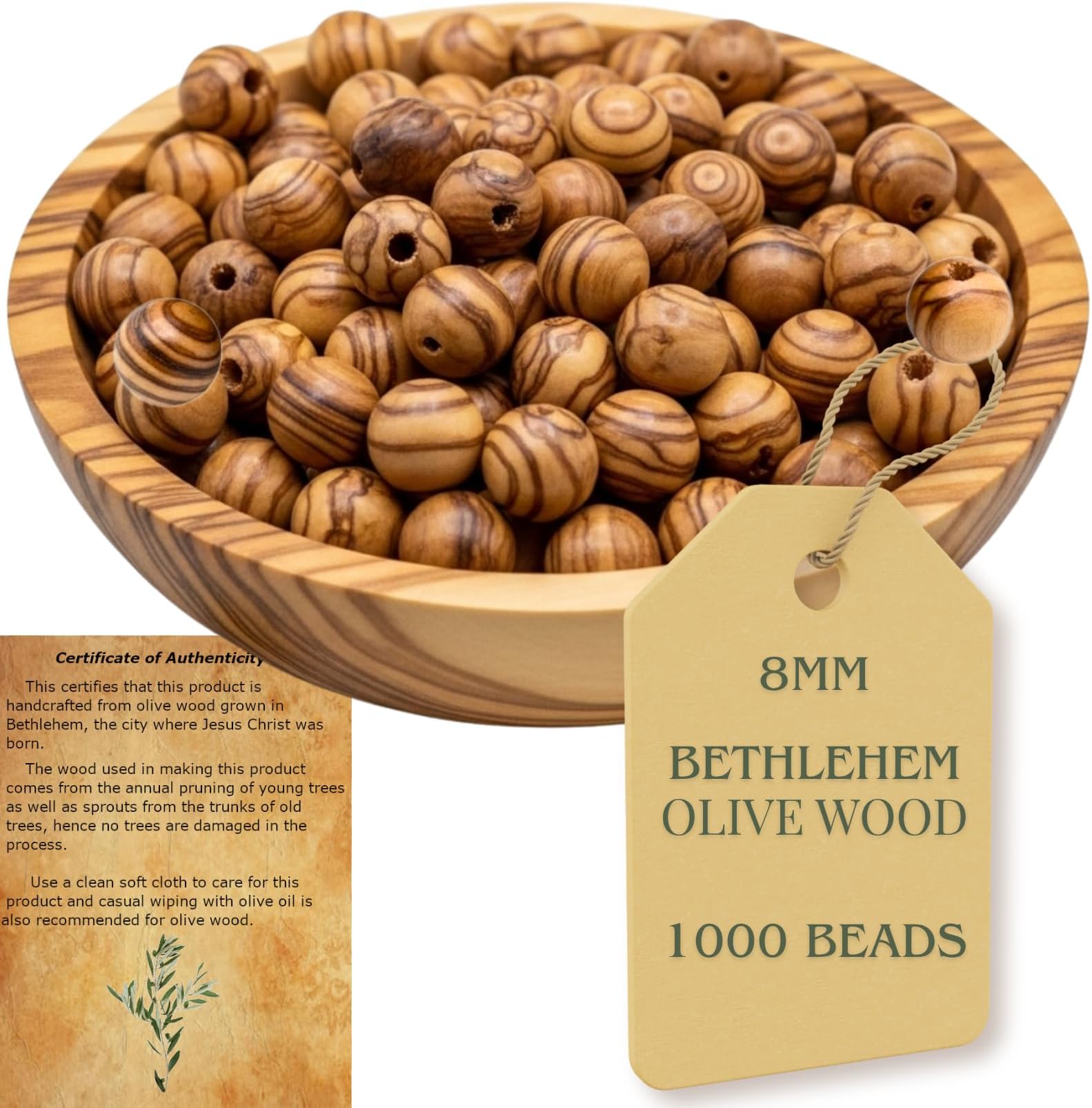 Holy Land Market Olive Wood Rosary Beads 8mm (1000 8mm Beads) - Handcrafted Bethlehem Holy Land Olive Wood Beads with Certificate of Authenticity - Rosary Beads