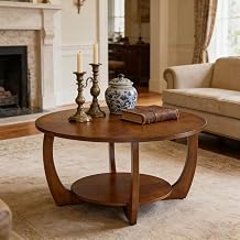 29.5" Round Coffee Table, 2-Tier Circle Coffee Table with Storage Removable Lower Shelf, Solid Wood Accent Center Table for Living Room, Curved Cross Legs &amp; Walnut Finished, Easy Assembly, Dark Brown