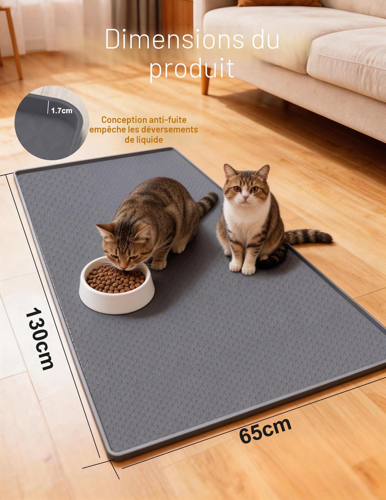 Tapis Litiere Chat 130x65cm, XXL litière pour Chat en Silicone, Tapis de Litiere Alvéolée, Impermeabile e Resistente all'urina, Facile da Pulire, con Bordi Rialzati per Ciotola e Lettiera