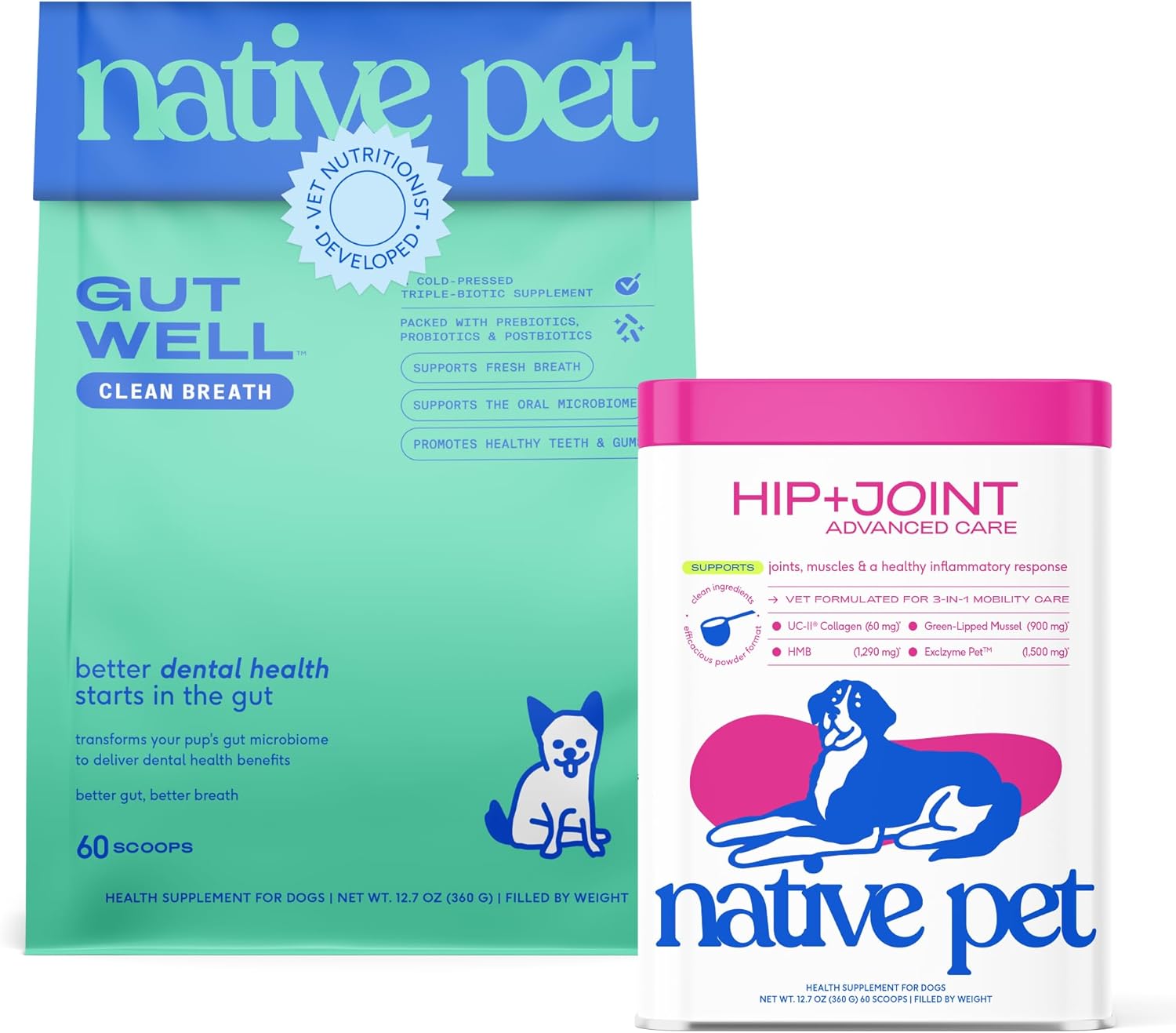 Native Pet Oral & Joint Health Bundle: Hip & Joint Supplement for Dogs - Supports Cartilage, Muscles & Anti-Inflammatory & GutWell Clean Breath - Dog Breath Freshener - 60 Scoops