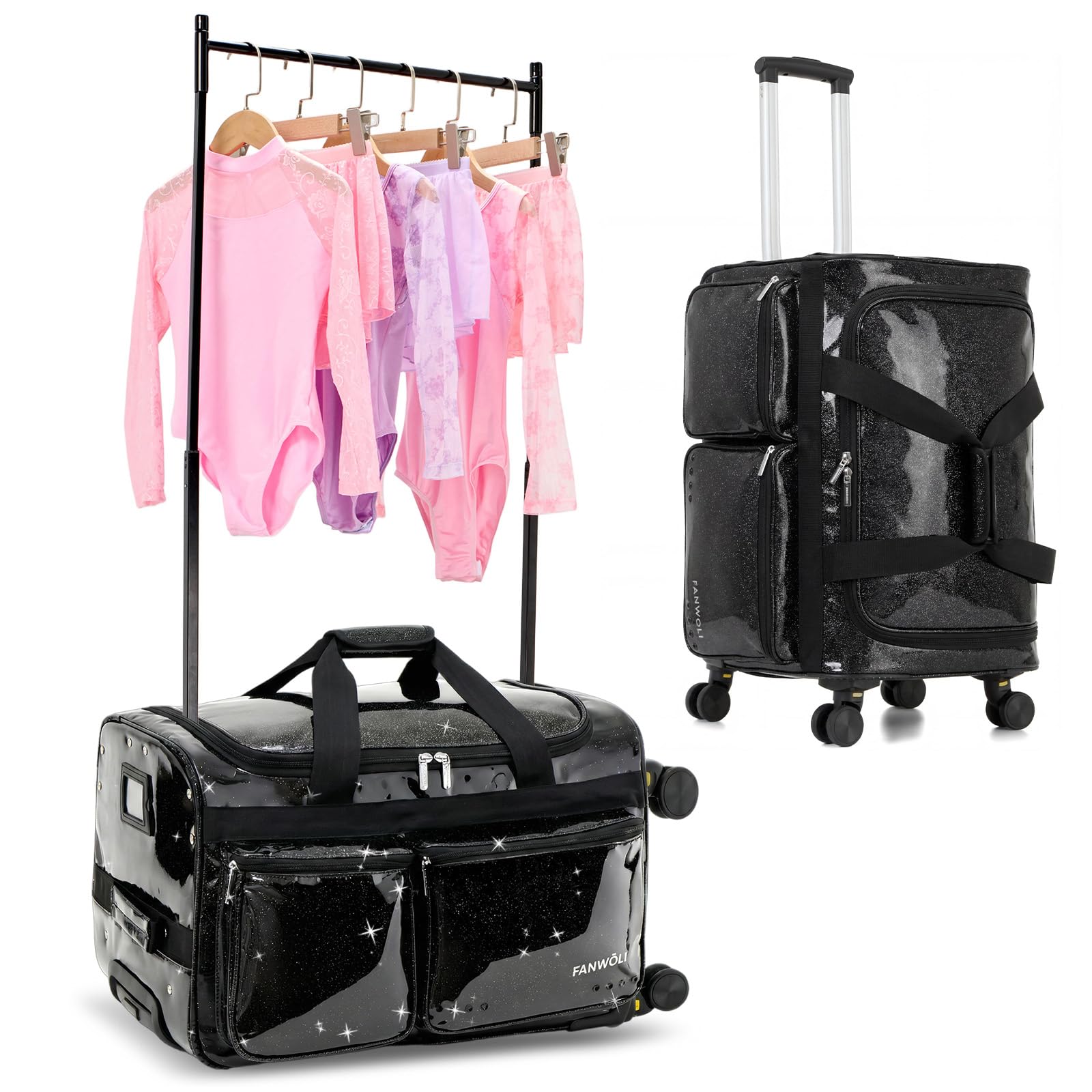 Fanwoli 23 Rolling Dance Duffel Bag with Garment Rack Detachable 4-Spinner Wheels Waterproof Glitter Fabric Competition Travel Luggage