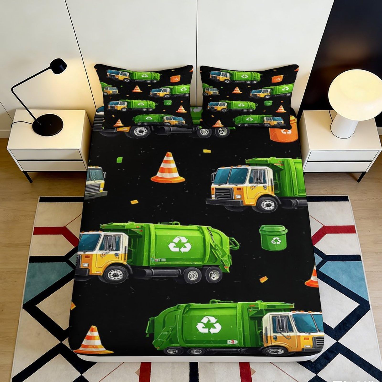 K1r3d9e5 Style-7 3D Printed Garbage Truck Fitted Sheet Microfiber Soft Black Construction Cone Bed Cover For Bedroom Dorm Mattress Protection Decor 90X200x25cm
